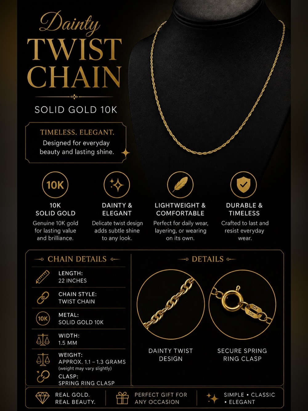 1.5mm Real 10k Solid Gold Twist Chain 22 in. - Picture 3 of 9